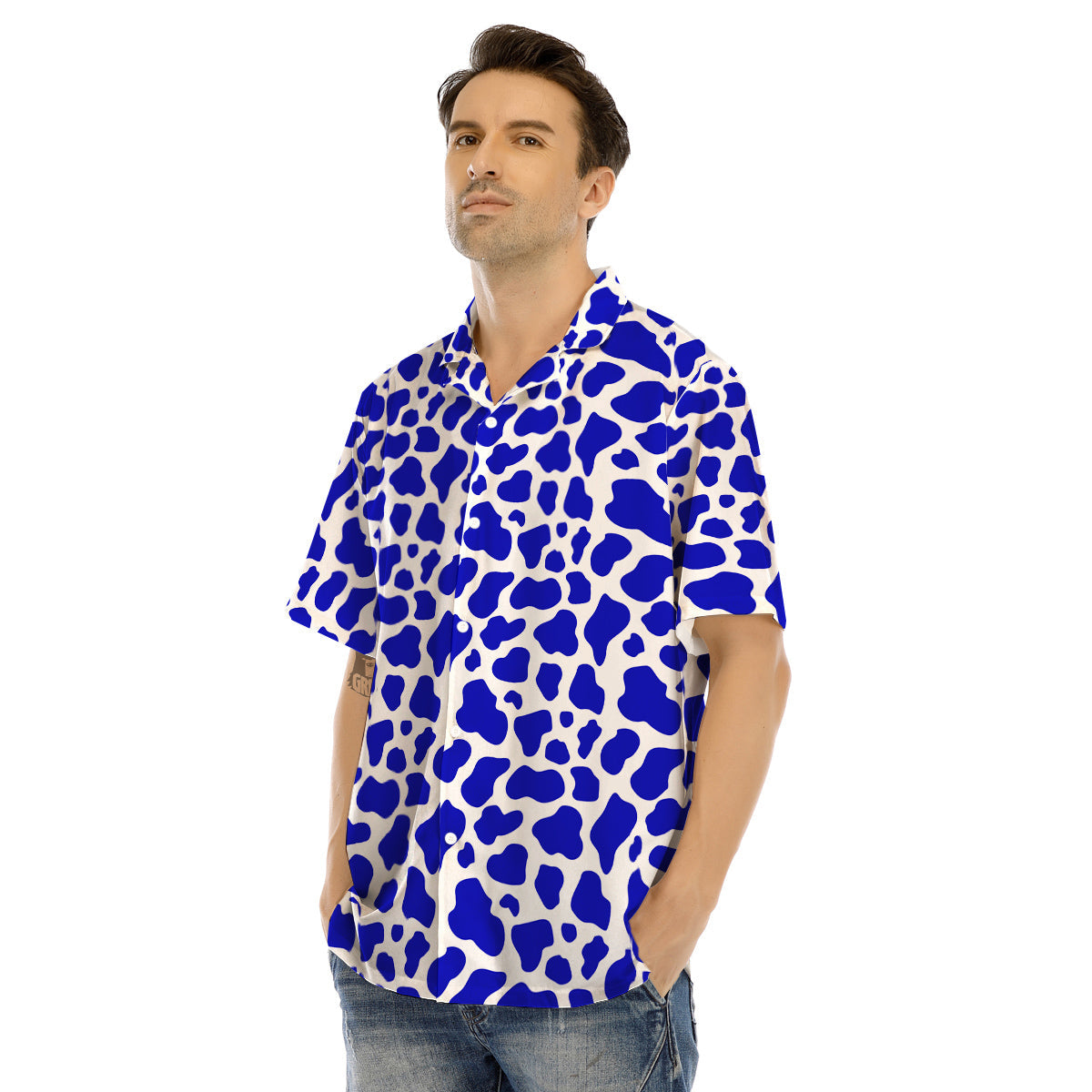 Navy Cow Print Pattern Men’s Hawaiian Shirt-grizzshop