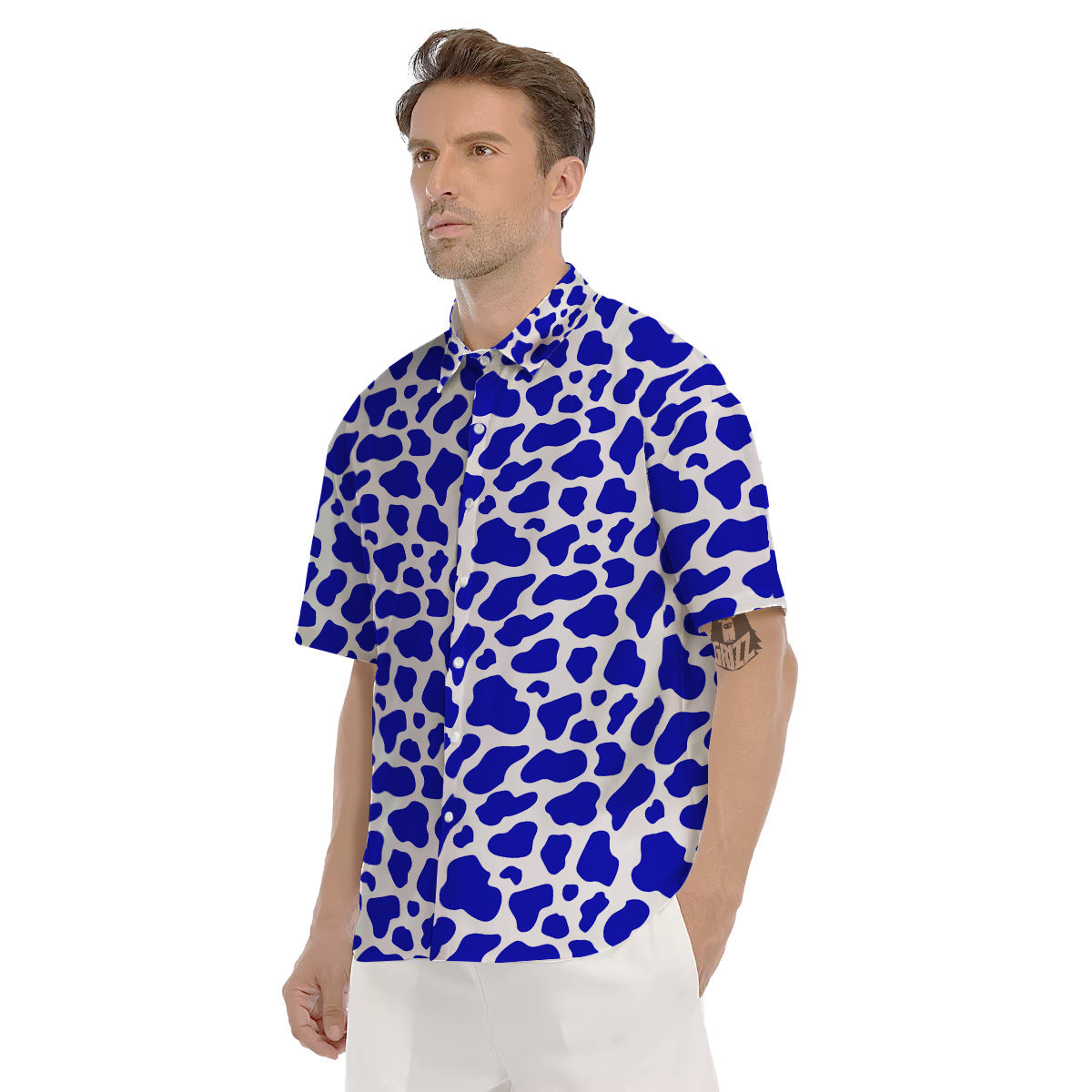 Navy Cow Print Pattern Men's Short Sleeve Shirts-grizzshop