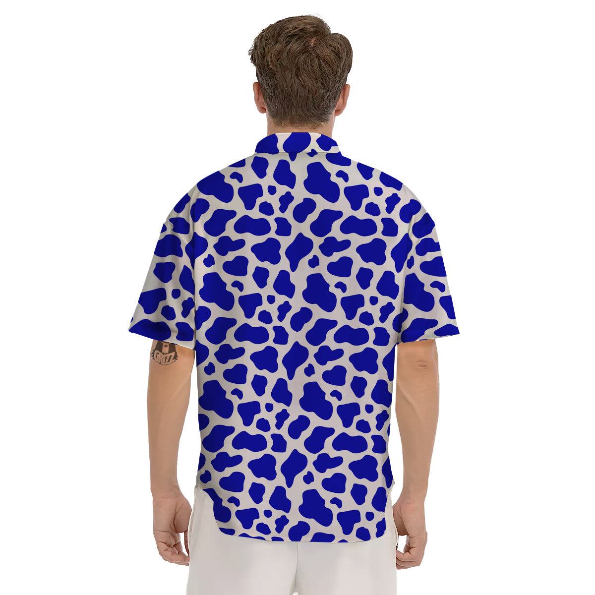 Navy Cow Print Pattern Men's Short Sleeve Shirts-grizzshop
