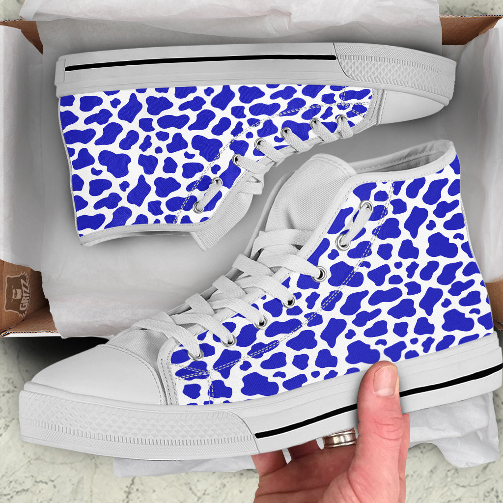 Navy Cow Print Pattern White High Top Shoes-grizzshop