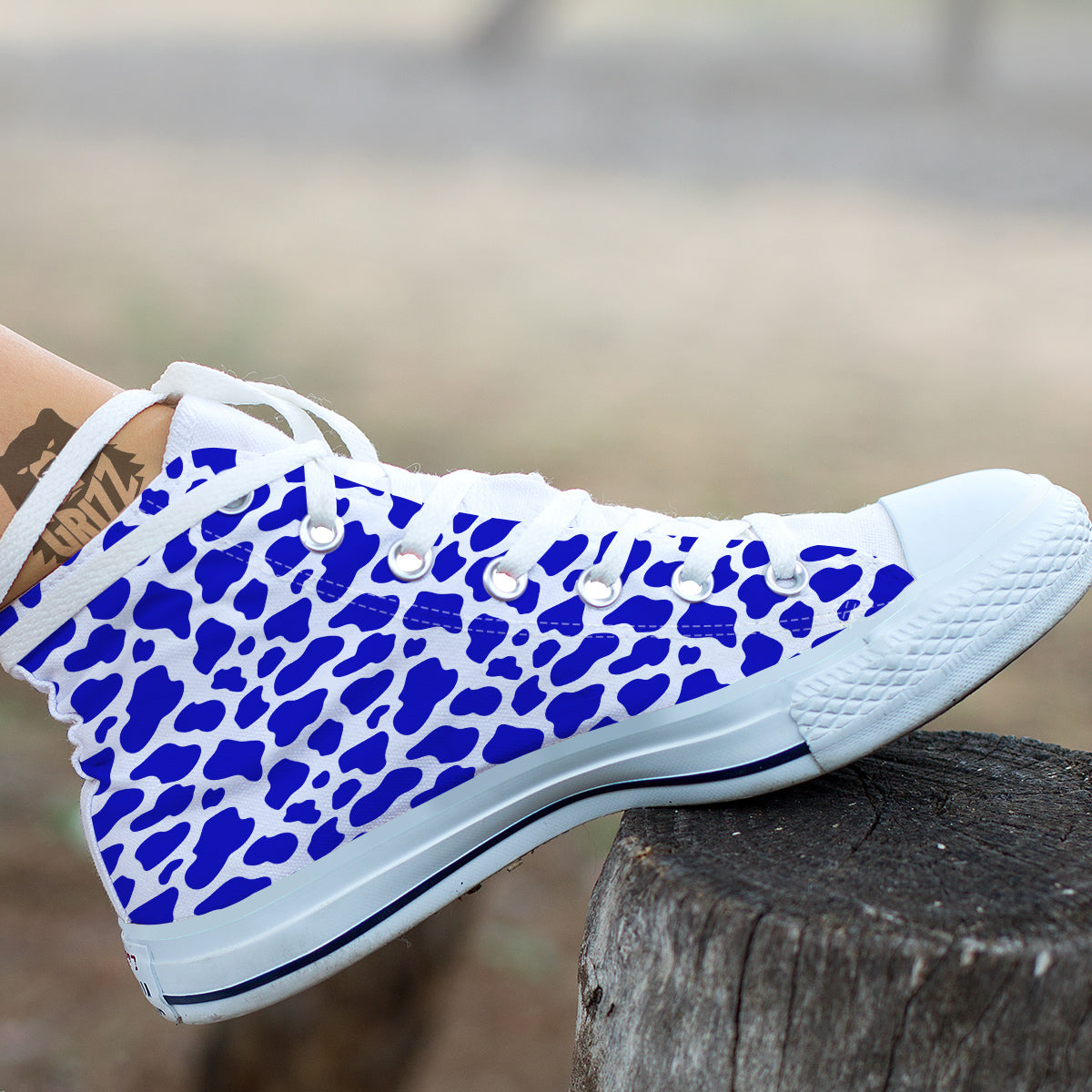 Navy Cow Print Pattern White High Top Shoes-grizzshop