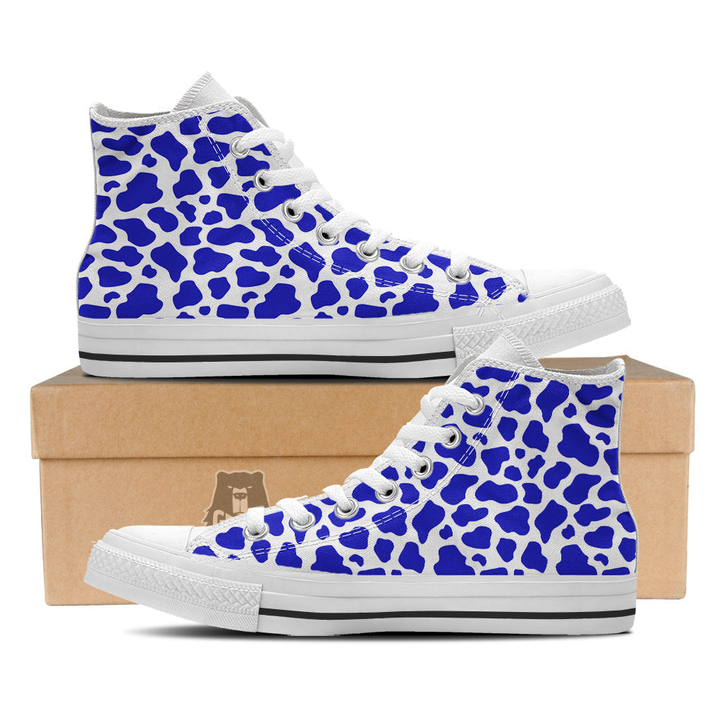 Navy Cow Print Pattern White High Top Shoes-grizzshop