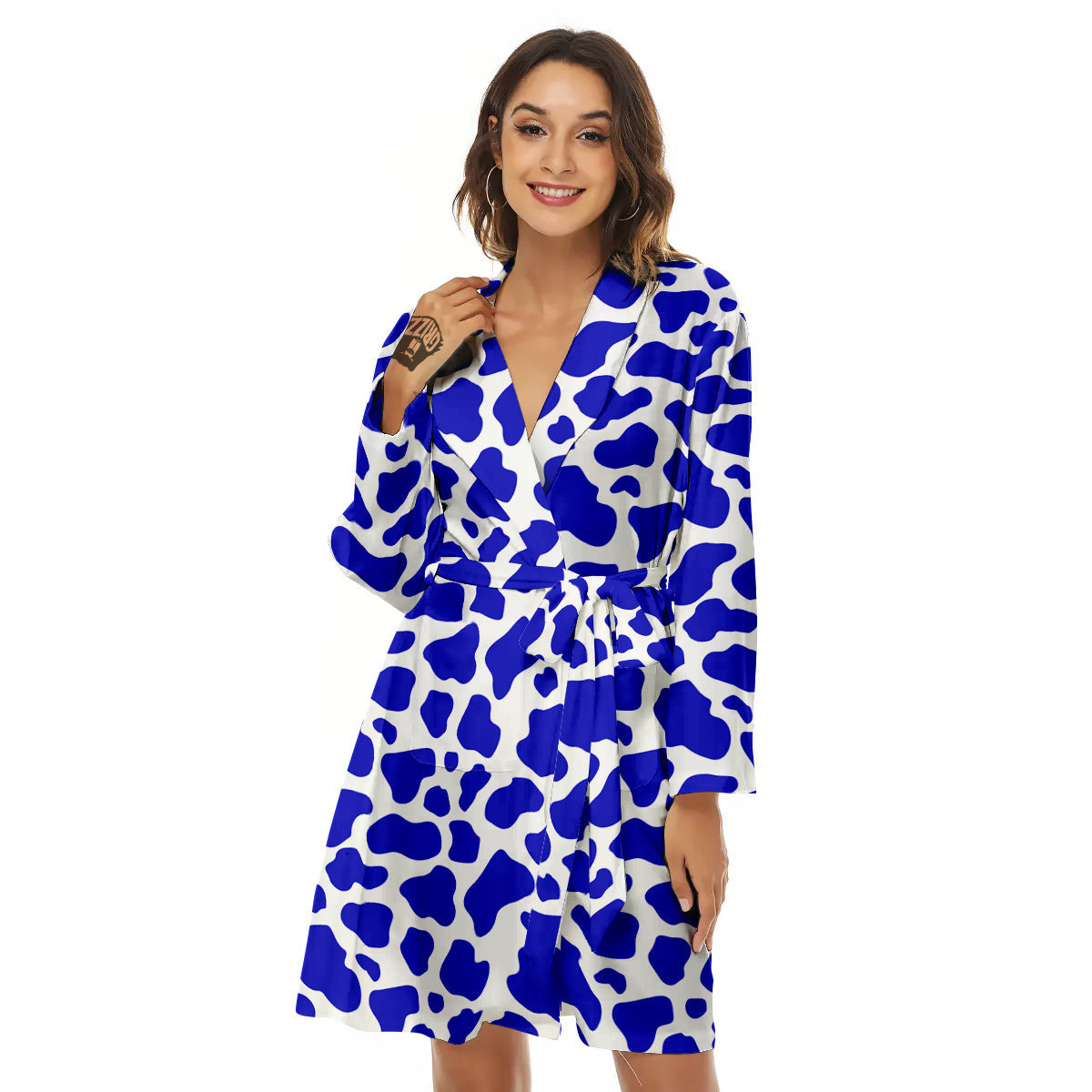 Navy Cow Print Pattern Women's Robe-grizzshop