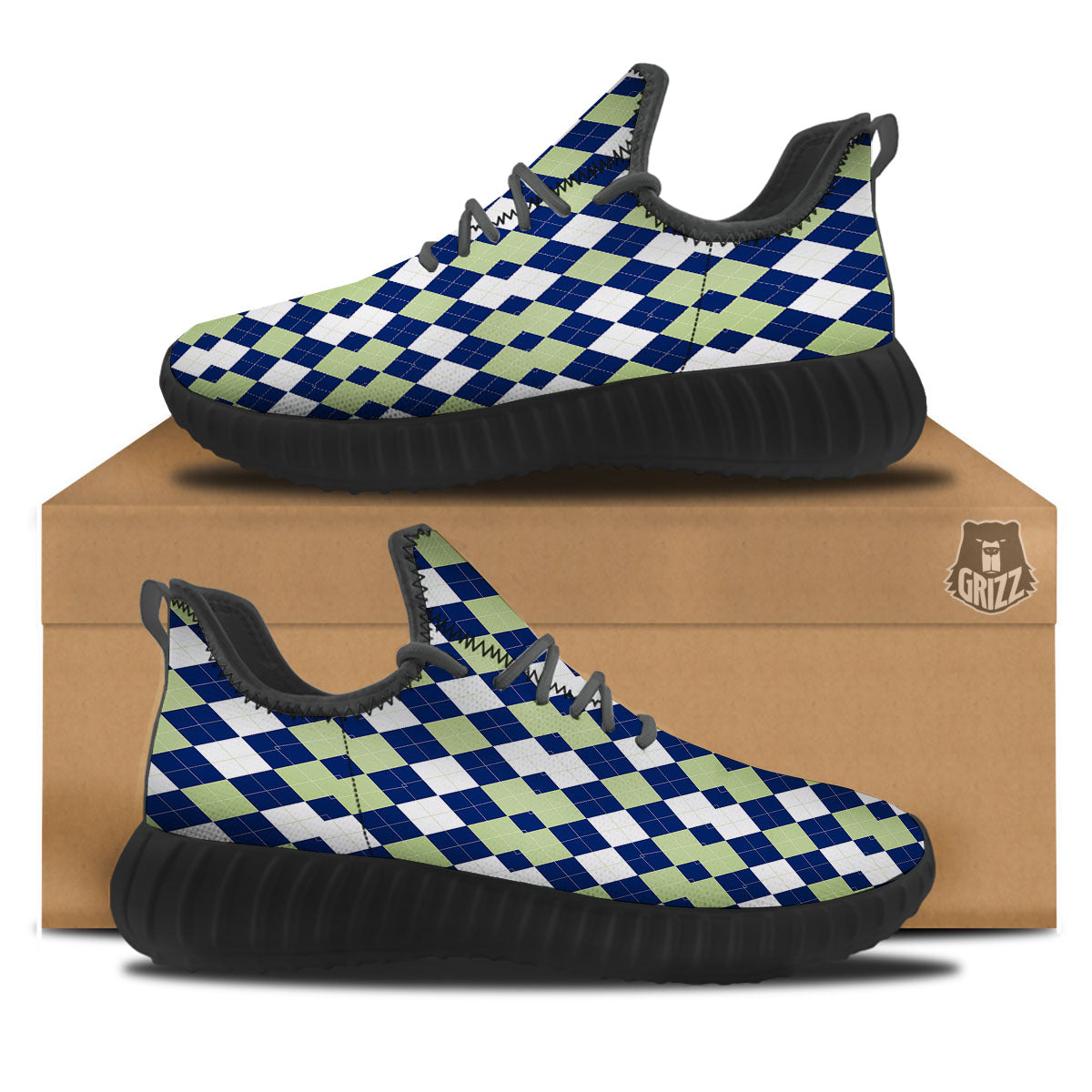 Navy Green And White Argyle Print Black Walking Shoes-grizzshop