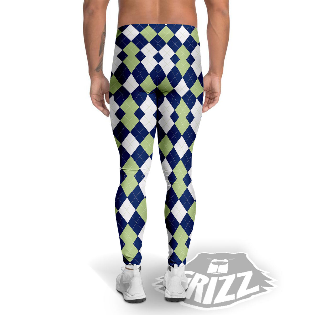 Navy Green And White Argyle Print Men's Leggings-grizzshop