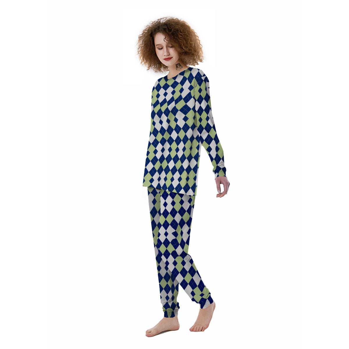 Navy Green And White Argyle Print Women's Pajamas-grizzshop