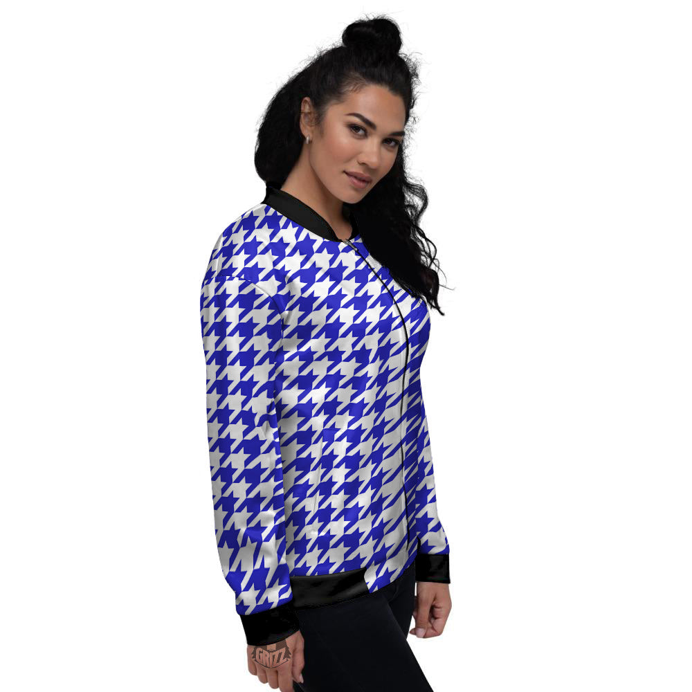 Navy Houndstooth Print Women's Bomber Jacket-grizzshop