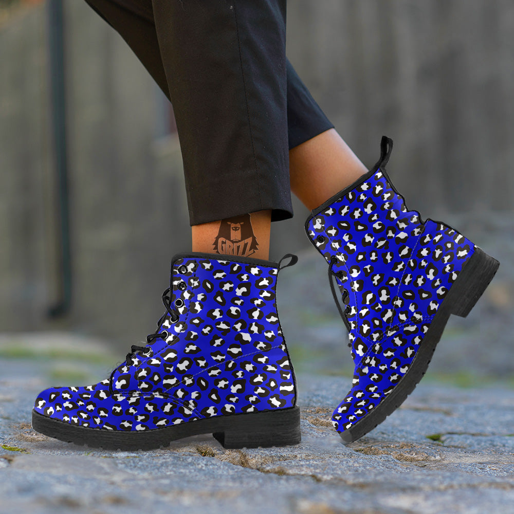 Navy Leopard Print Pattern Leather Boots-grizzshop