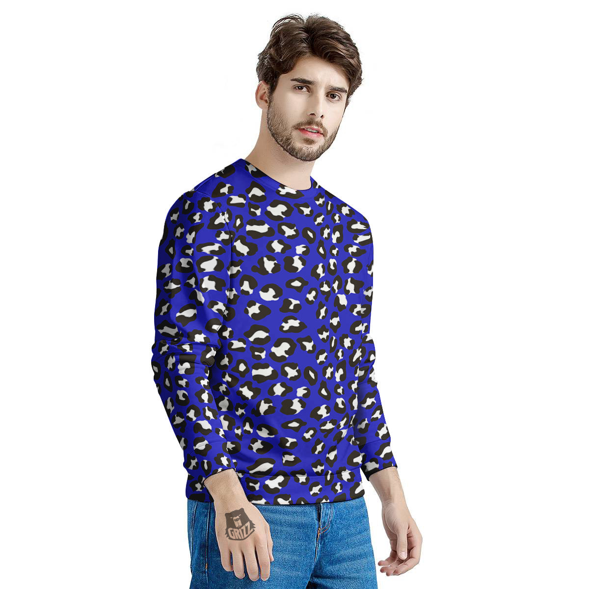 Navy Leopard Print Pattern Men's Sweatshirt-grizzshop