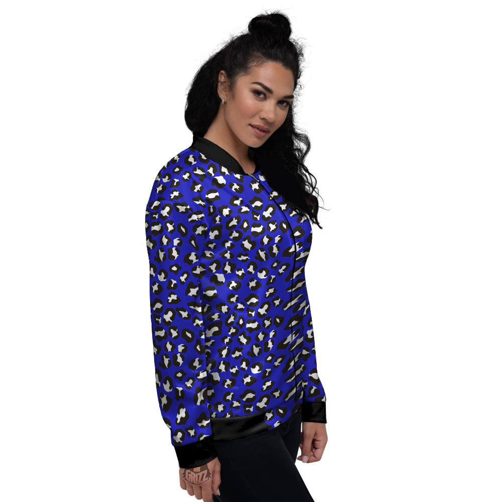 Navy Leopard Print Pattern Women's Bomber Jacket-grizzshop