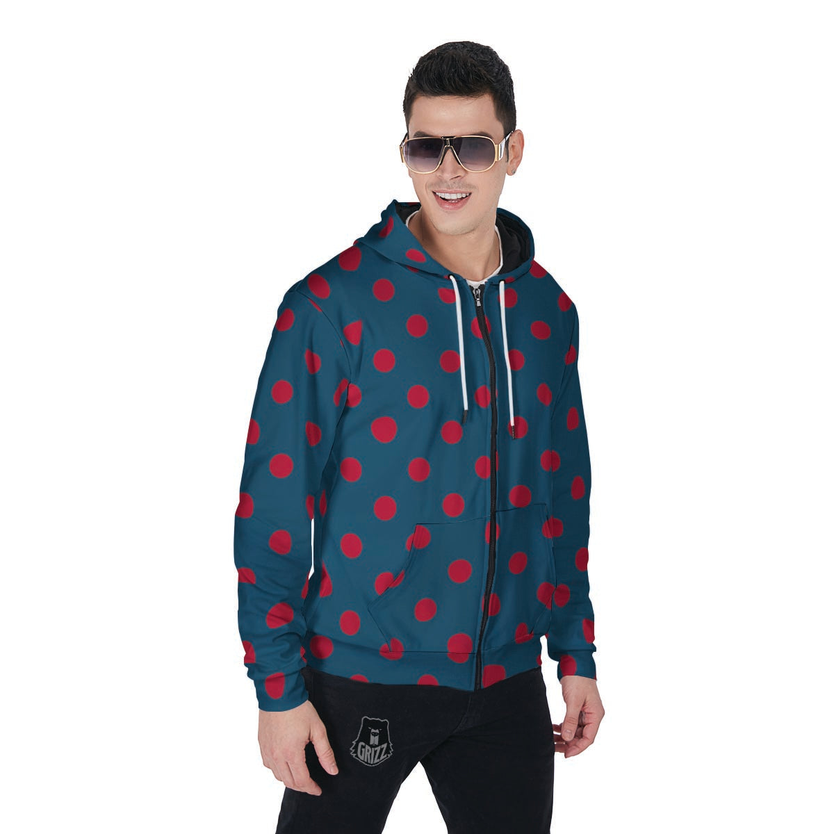 Navy Polka Dot Men's Zip Up Hoodie-grizzshop