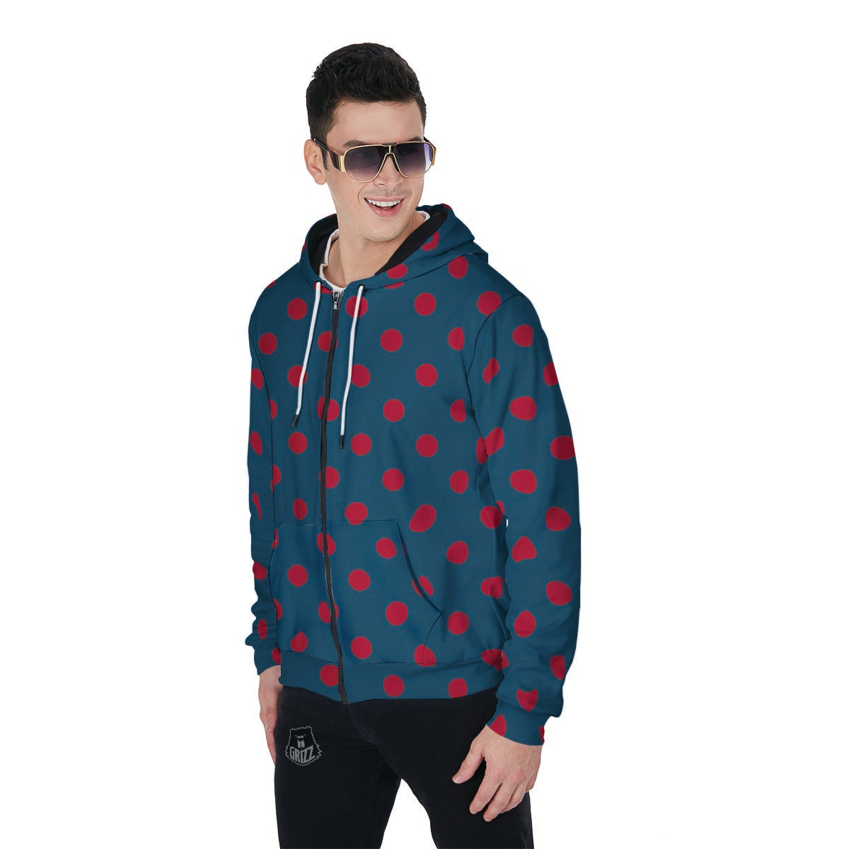 Navy Polka Dot Men's Zip Up Hoodie-grizzshop