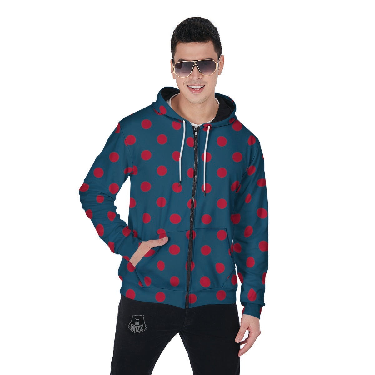 Navy Polka Dot Men's Zip Up Hoodie-grizzshop