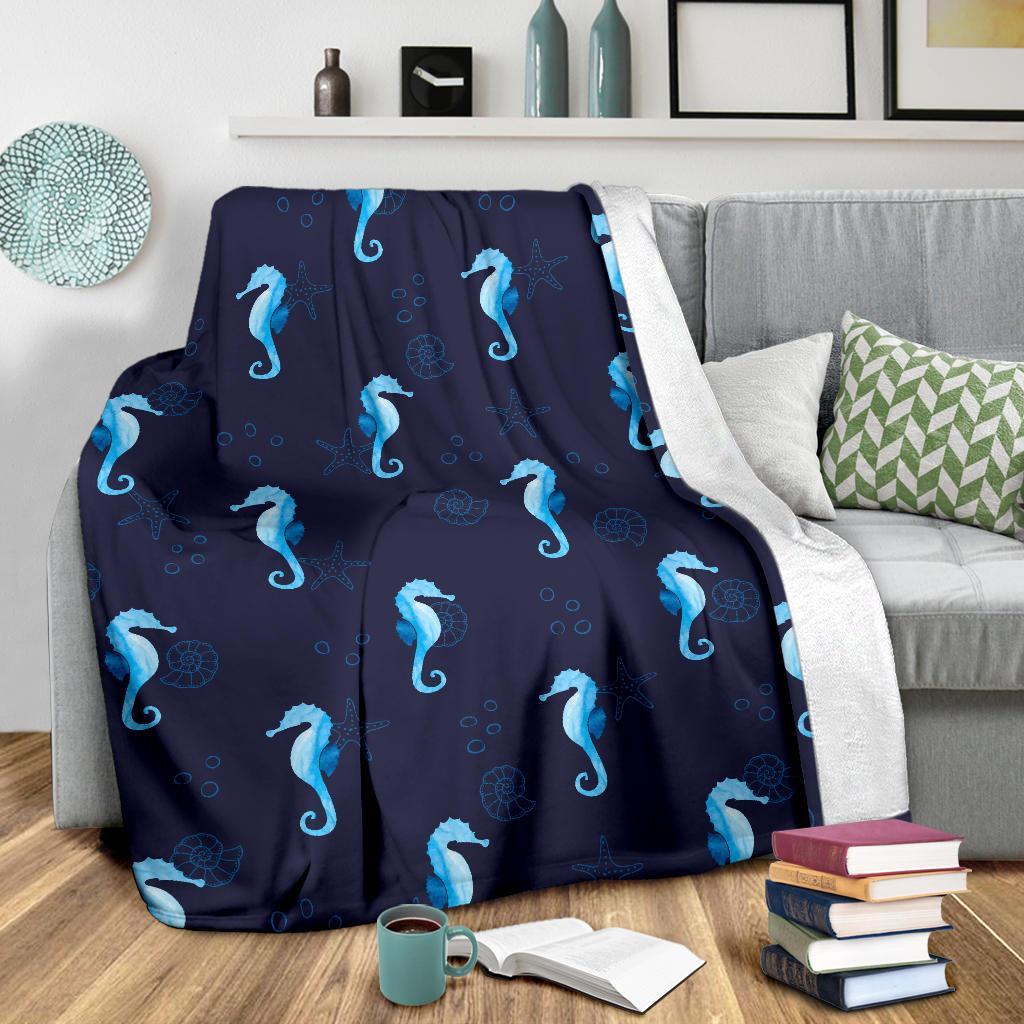 Navy Seahorse Pattern Print Blanket-grizzshop