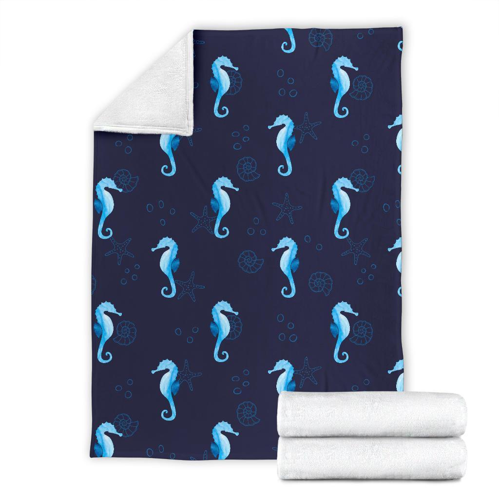 Navy Seahorse Pattern Print Blanket-grizzshop