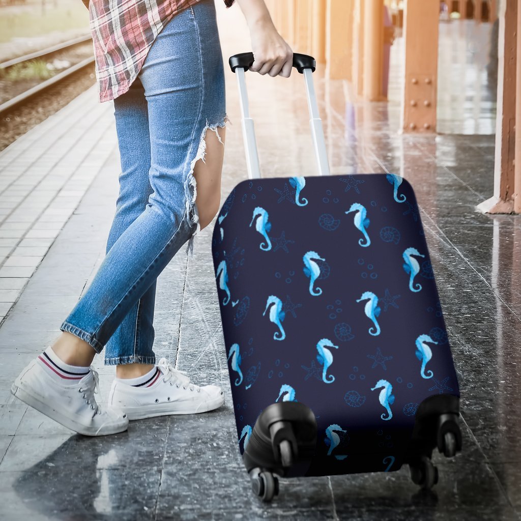 Navy Seahorse Pattern Print Luggage Cover Protector-grizzshop