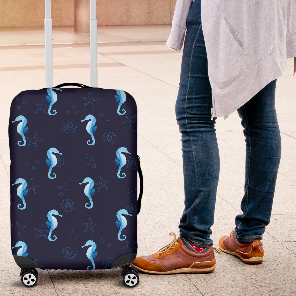 Navy Seahorse Pattern Print Luggage Cover Protector-grizzshop
