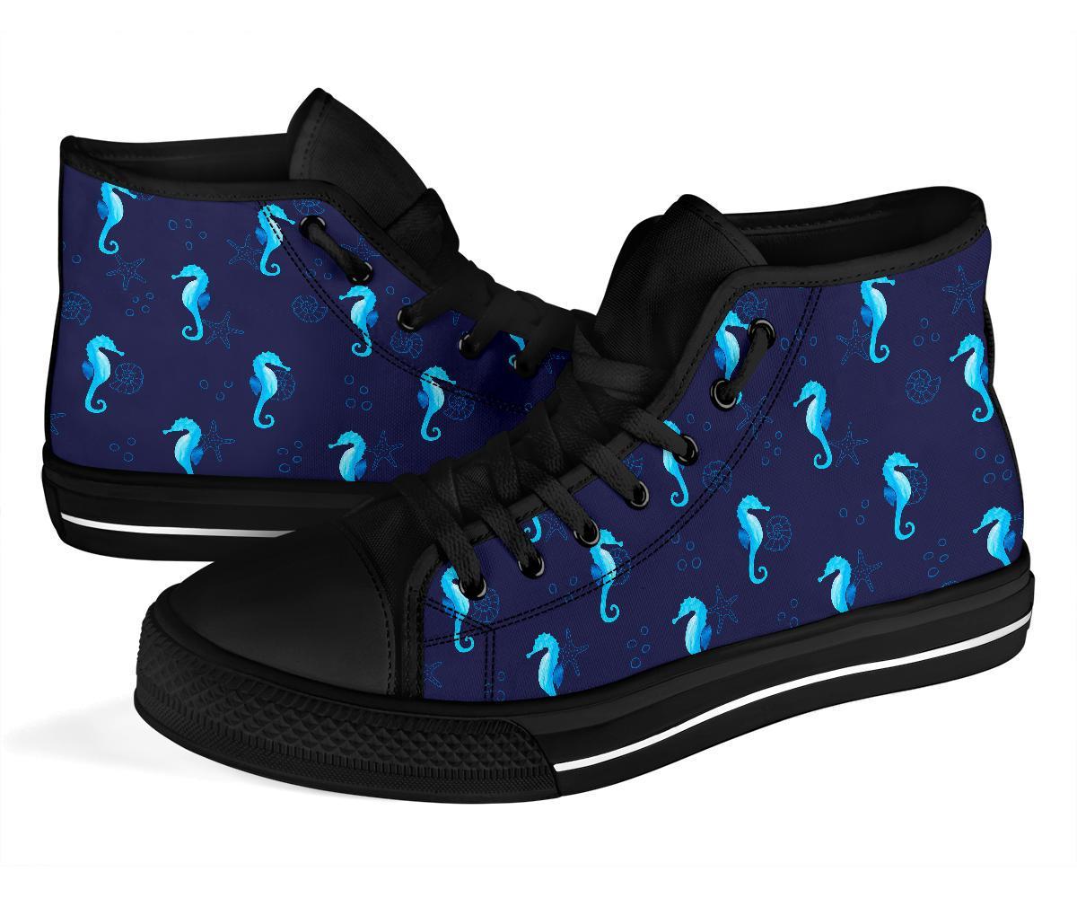 Navy Seahorse Pattern Print Men Women's High Top Shoes-grizzshop