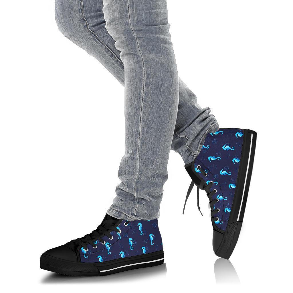 Navy Seahorse Pattern Print Men Women's High Top Shoes-grizzshop