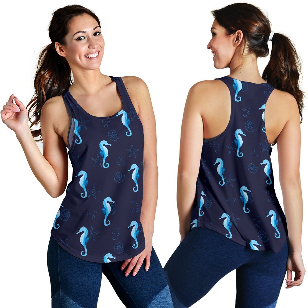 Navy Seahorse Pattern Print Women's Racerback Tank Tops-grizzshop