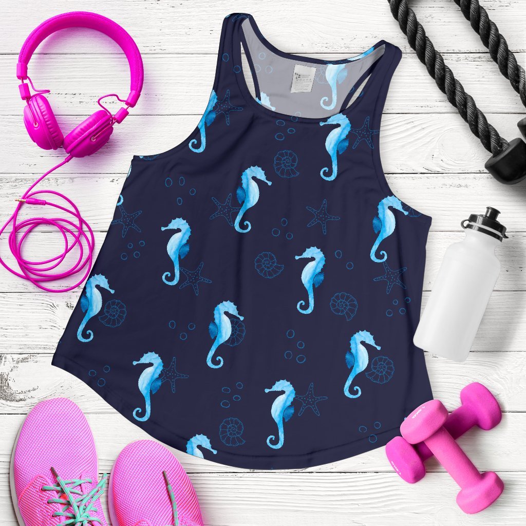 Navy Seahorse Pattern Print Women's Racerback Tank Tops-grizzshop