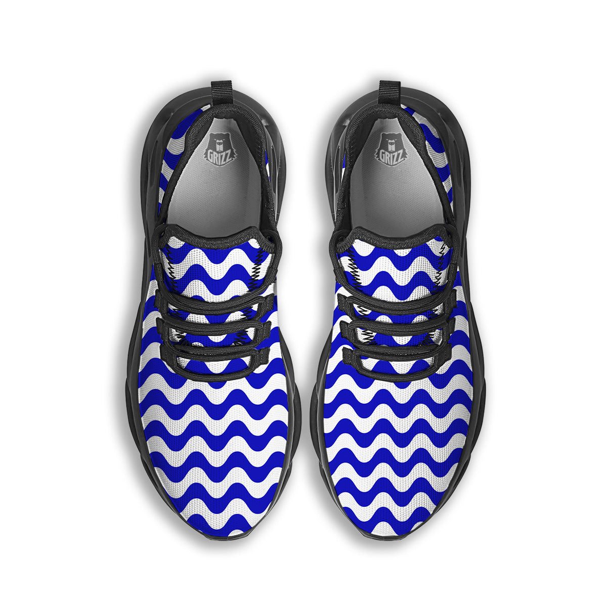 Navy Wave Striped Print Black Running Shoes-grizzshop