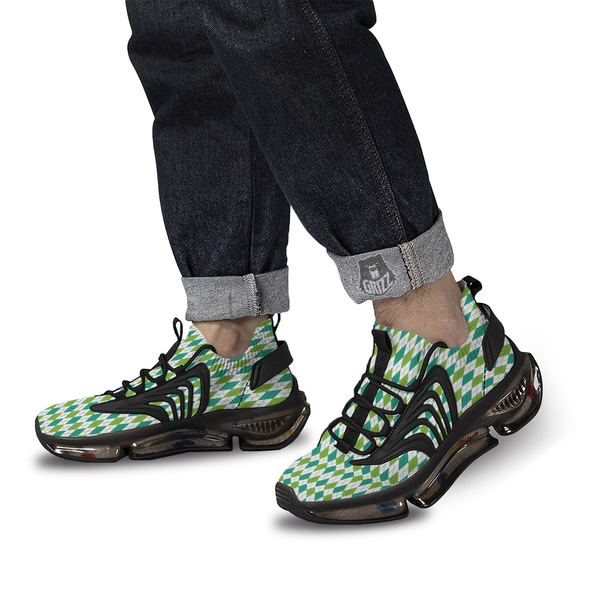 Navy White And Green Argyle Print Pattern Black Gym Shoes-grizzshop
