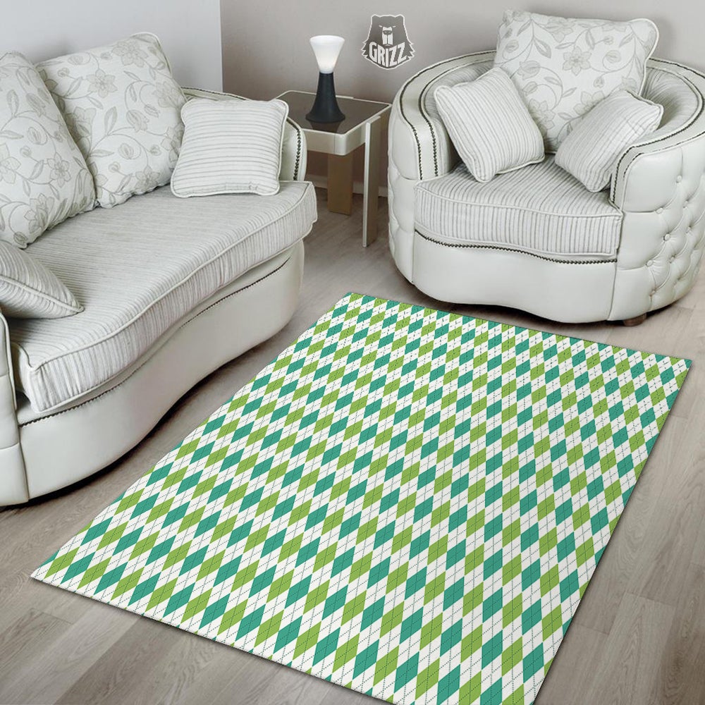 Navy White And Green Argyle Print Pattern Floor Mat-grizzshop