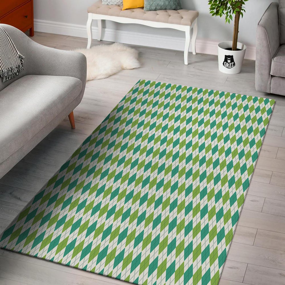Navy White And Green Argyle Print Pattern Floor Mat-grizzshop