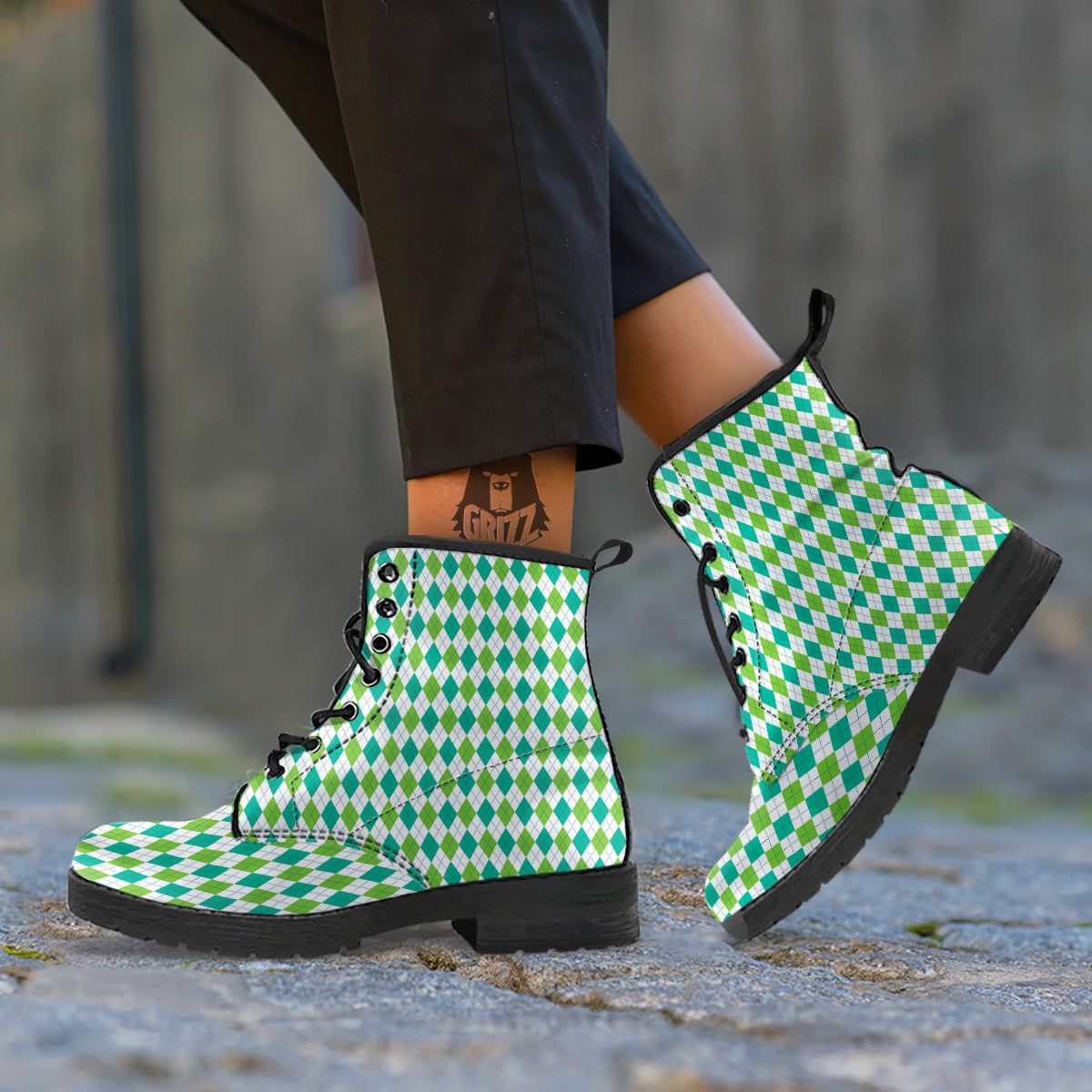 Navy White And Green Argyle Print Pattern Leather Boots-grizzshop