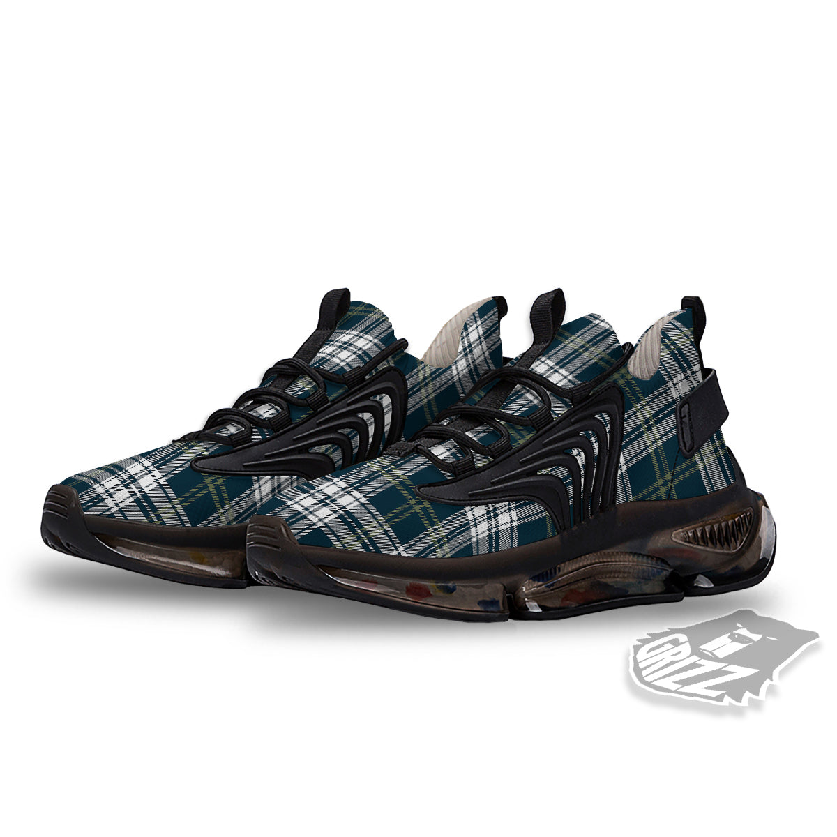 Navy White And Green Plaid Print Pattern Black Gym Shoes-grizzshop