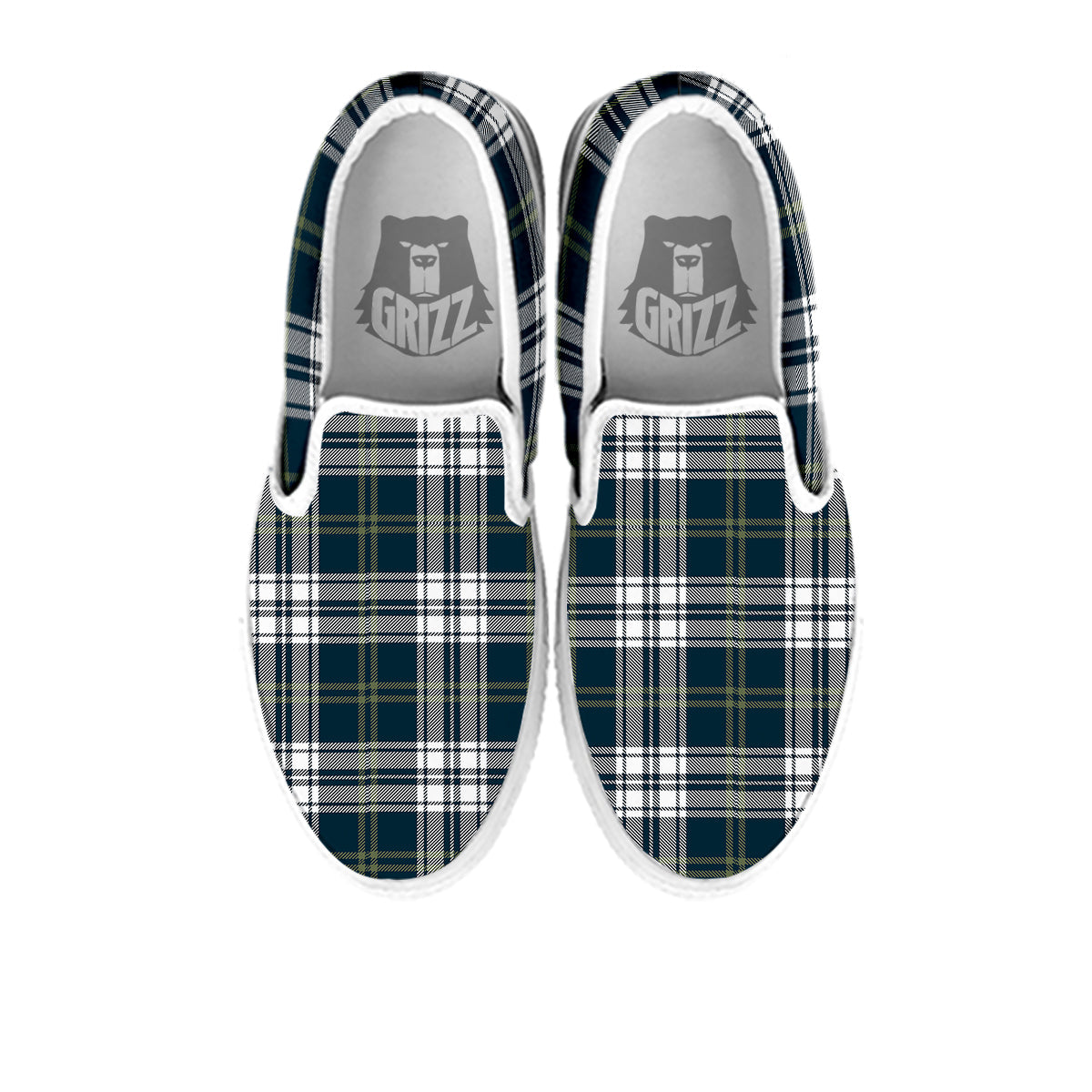 Navy White And Green Plaid Print Pattern White Slip On Shoes-grizzshop