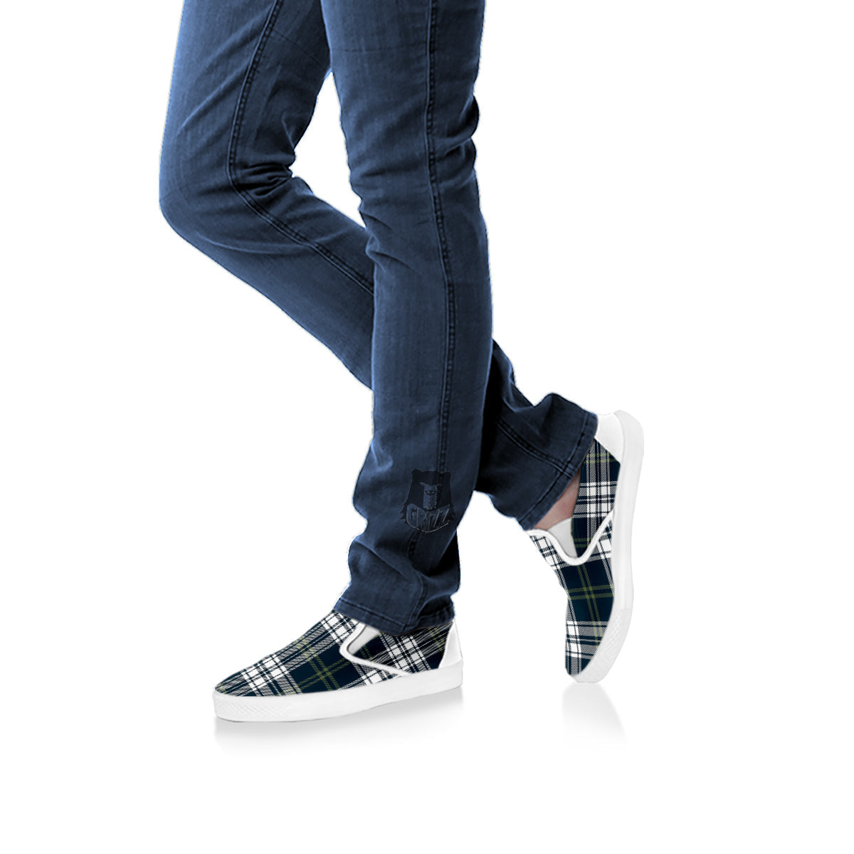 Navy White And Green Plaid Print Pattern White Slip On Shoes-grizzshop