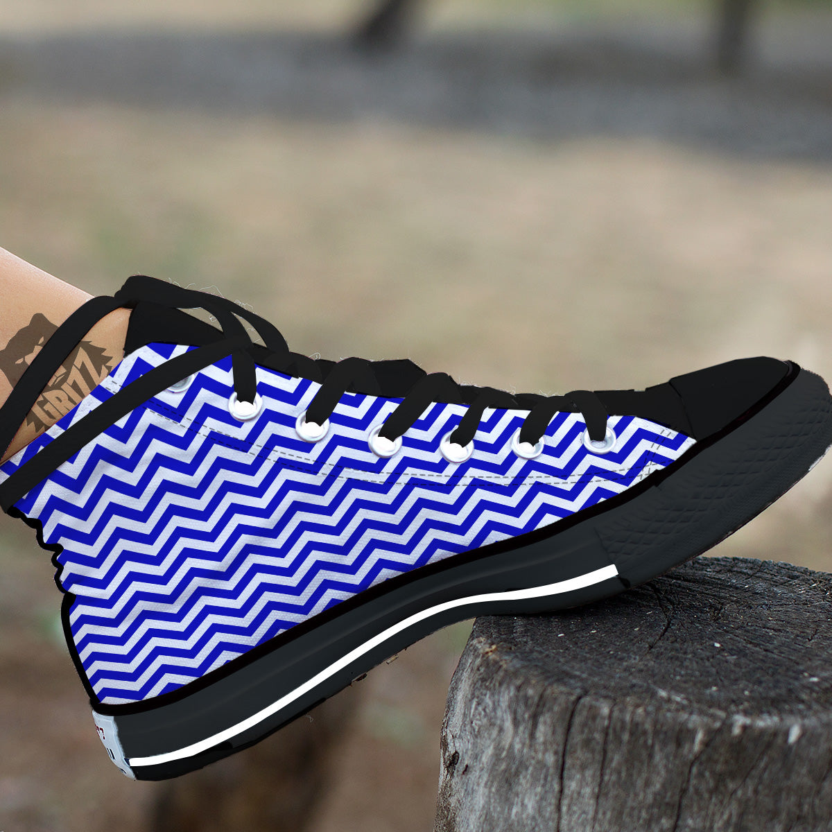 Navy Zigzag Print Pattern Black High Top Shoes-grizzshop