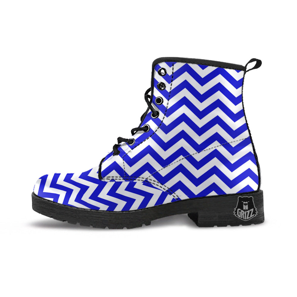 Navy Zigzag Print Pattern Leather Boots-grizzshop