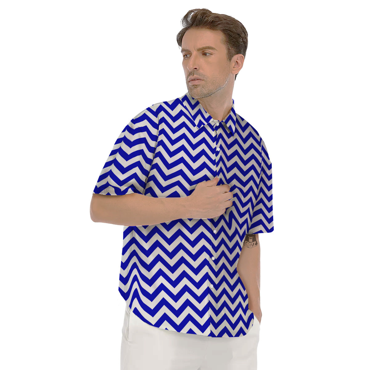 Navy Zigzag Print Pattern Men's Short Sleeve Shirts-grizzshop
