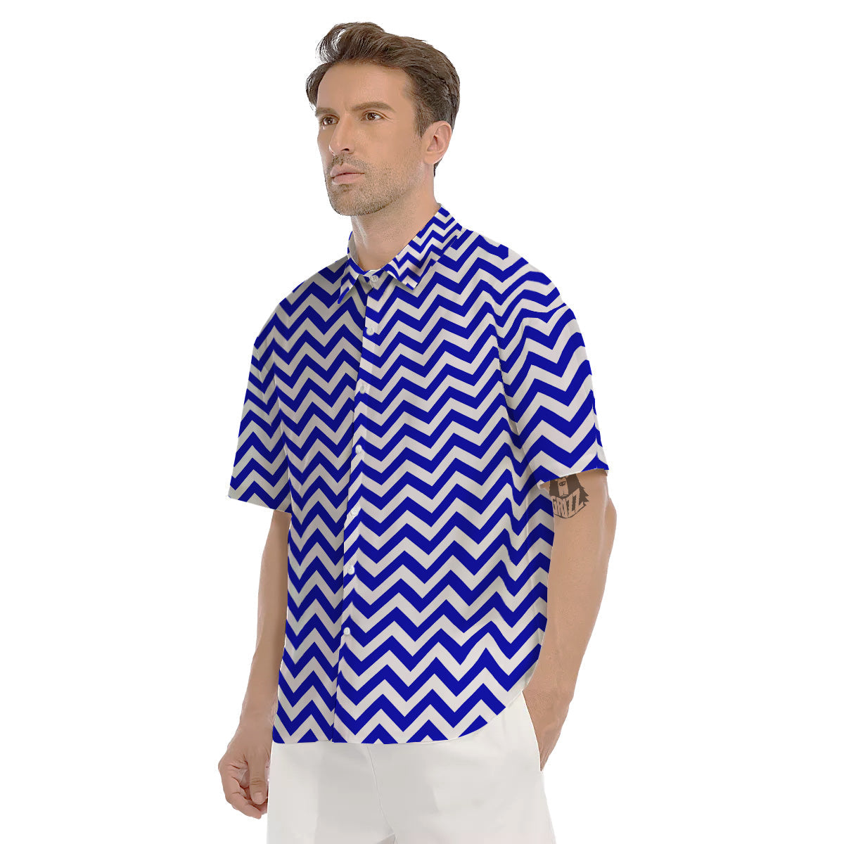 Navy Zigzag Print Pattern Men's Short Sleeve Shirts-grizzshop
