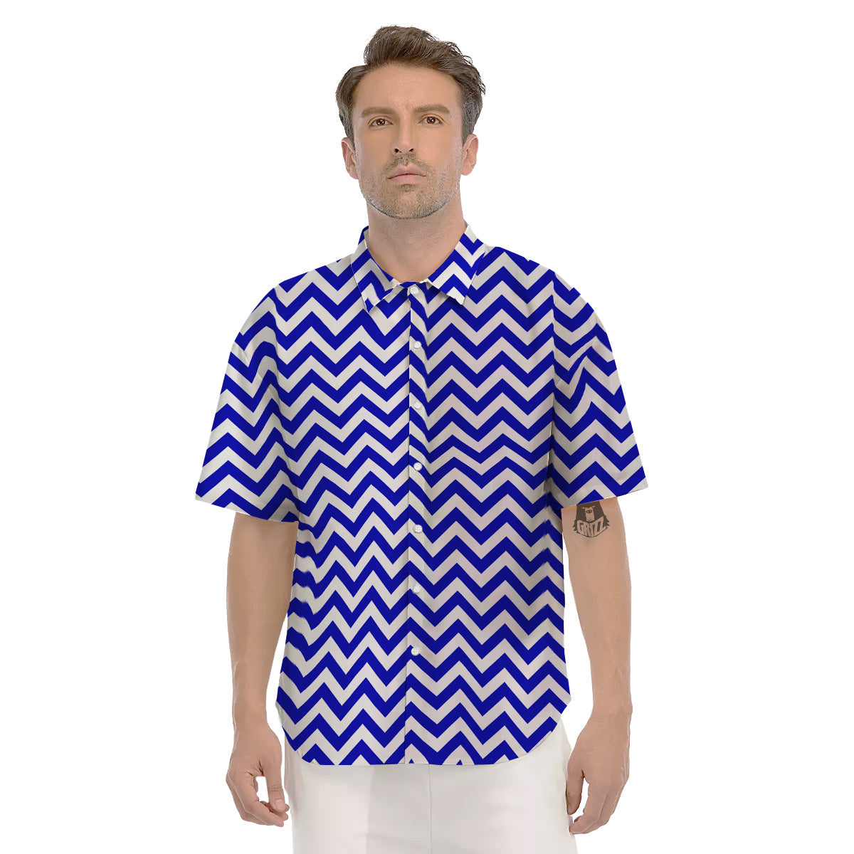 Navy Zigzag Print Pattern Men's Short Sleeve Shirts-grizzshop