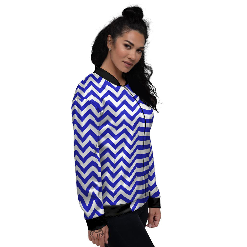 Navy Zigzag Print Pattern Women's Bomber Jacket-grizzshop