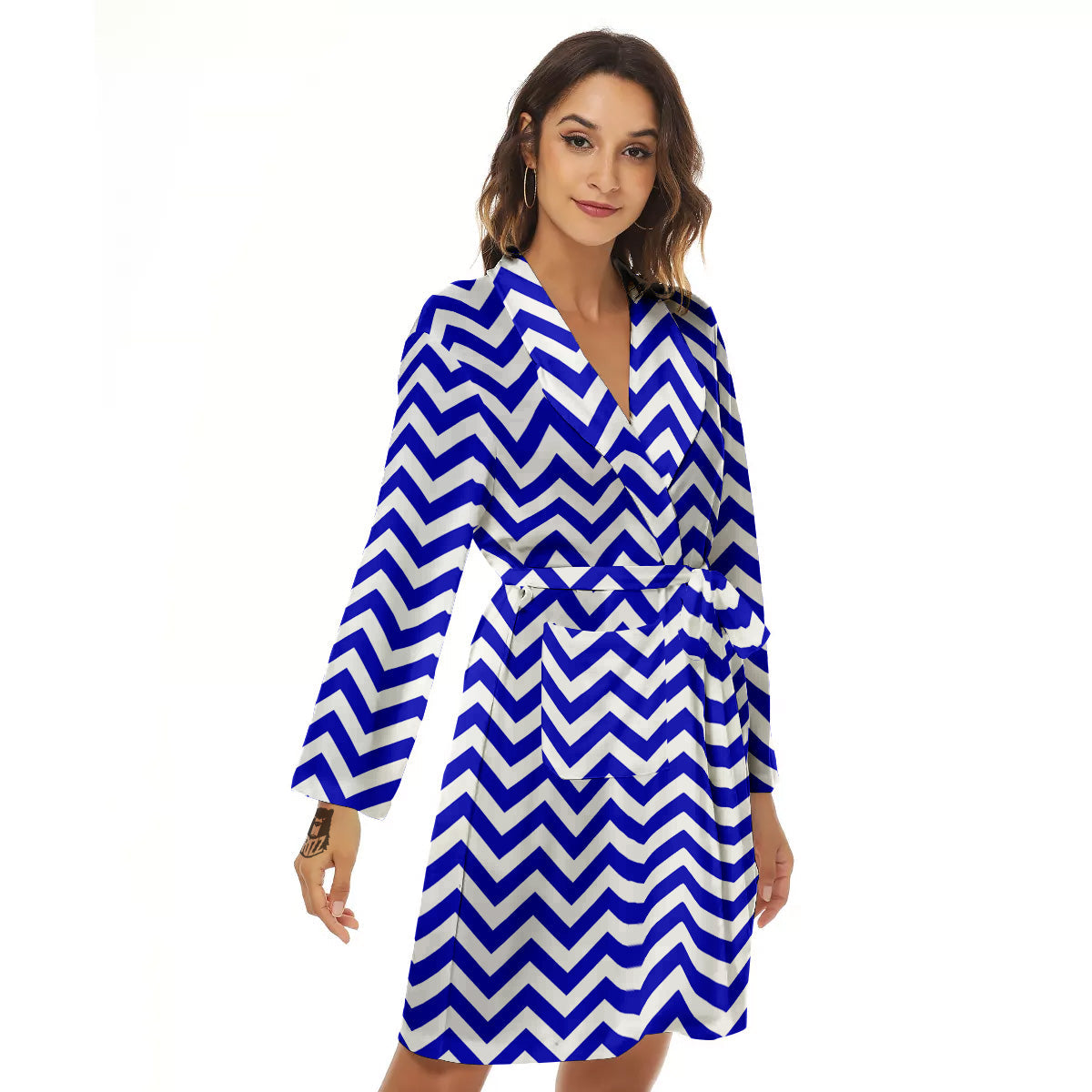 Navy Zigzag Print Pattern Women's Robe-grizzshop