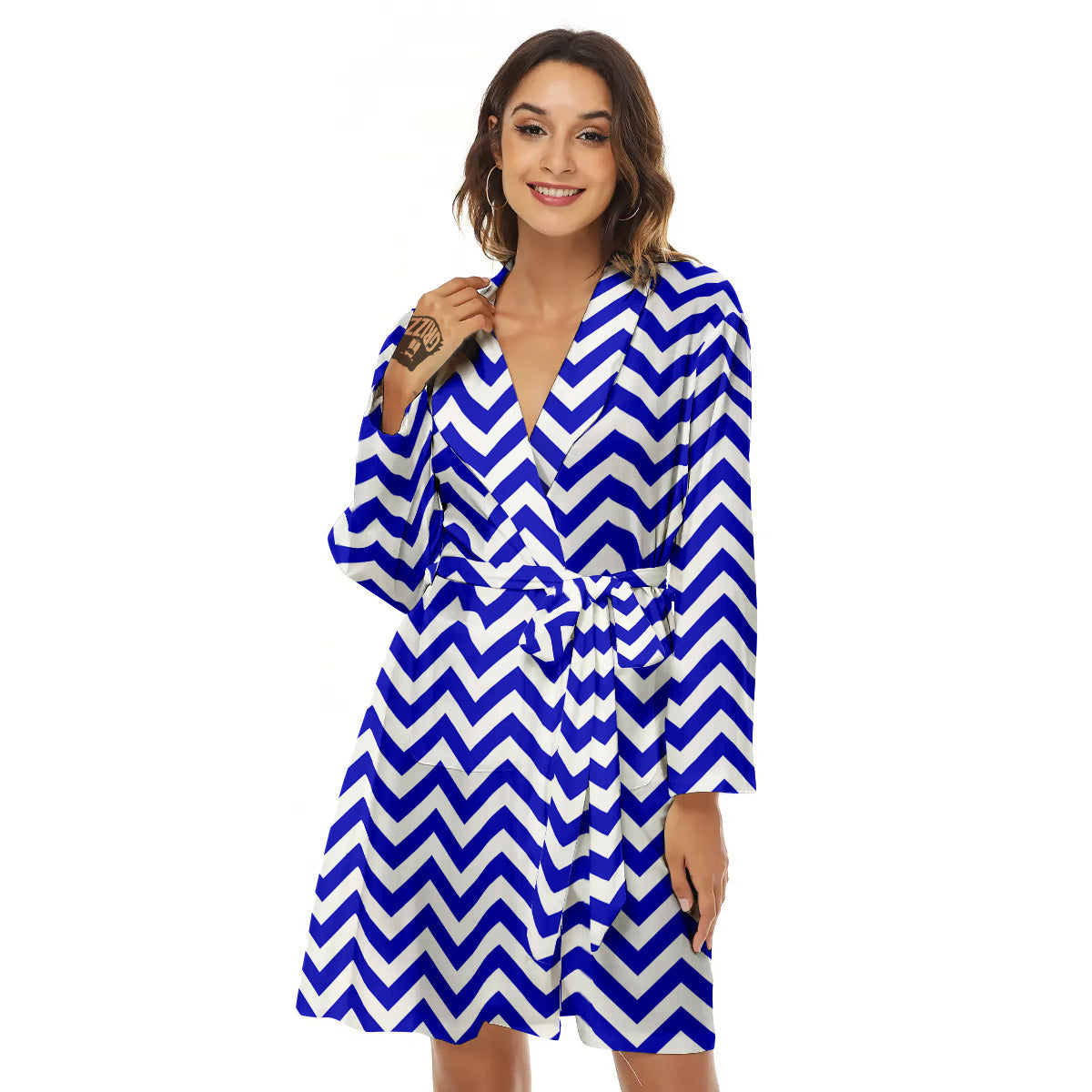 Navy Zigzag Print Pattern Women's Robe-grizzshop