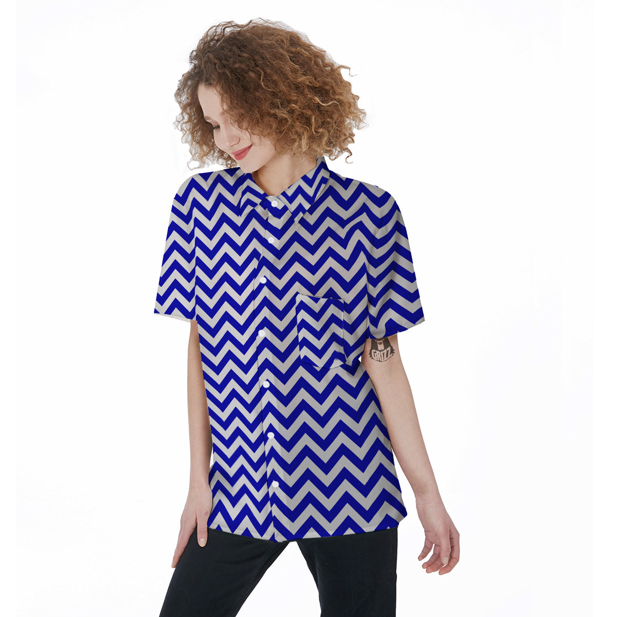 Navy Zigzag Print Pattern Women's Short Sleeve Shirts-grizzshop