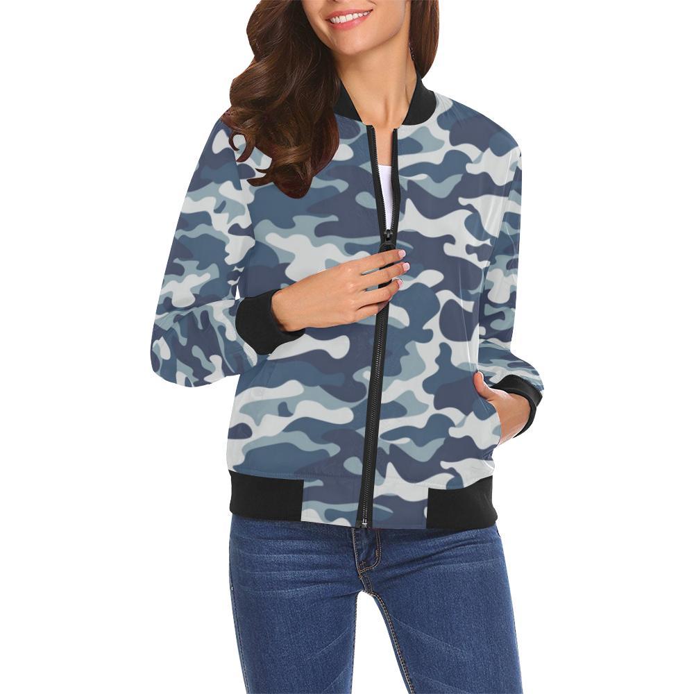 Navy Military Camouflage Camo Pattern Print Women Casual Bomber Jacket-grizzshop