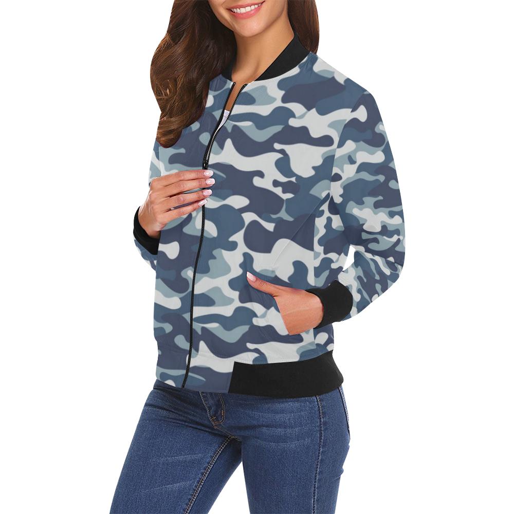 Navy Military Camouflage Camo Pattern Print Women Casual Bomber Jacket-grizzshop