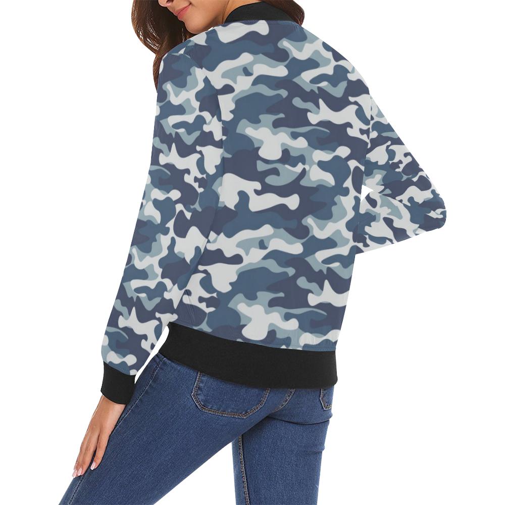 Navy Military Camouflage Camo Pattern Print Women Casual Bomber Jacket-grizzshop