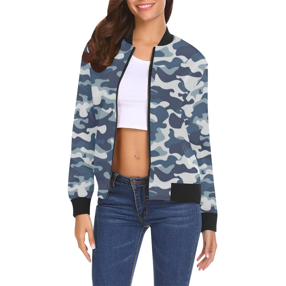 Navy Military Camouflage Camo Pattern Print Women Casual Bomber Jacket-grizzshop