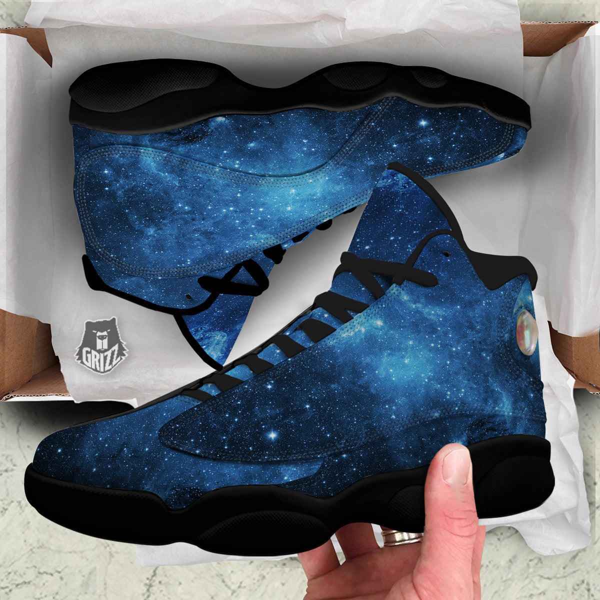 Nebula Galaxy Space Blue Light Print Black Basketball Shoes-grizzshop