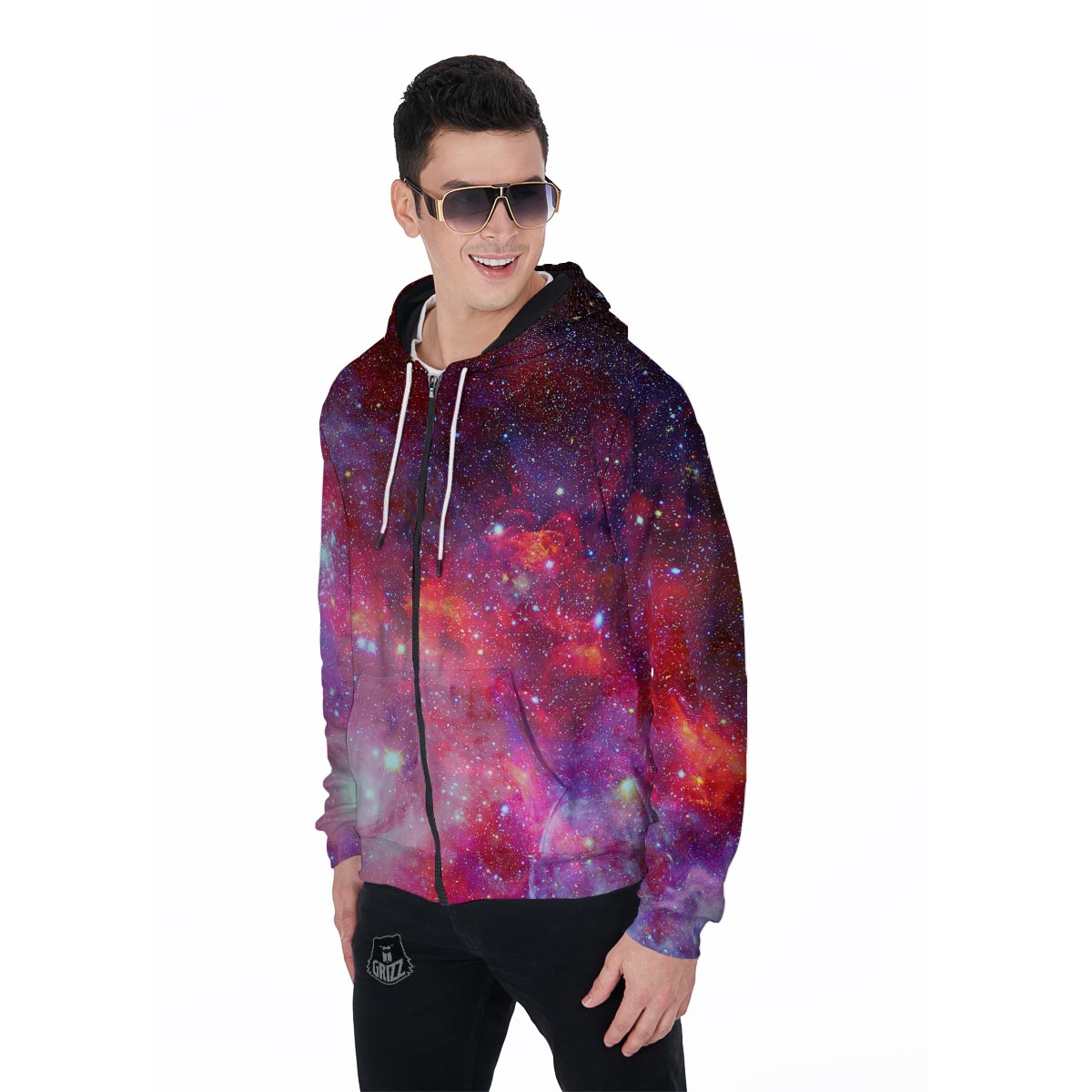 Nebula Red Galaxy Space Men's Zip Up Hoodie-grizzshop