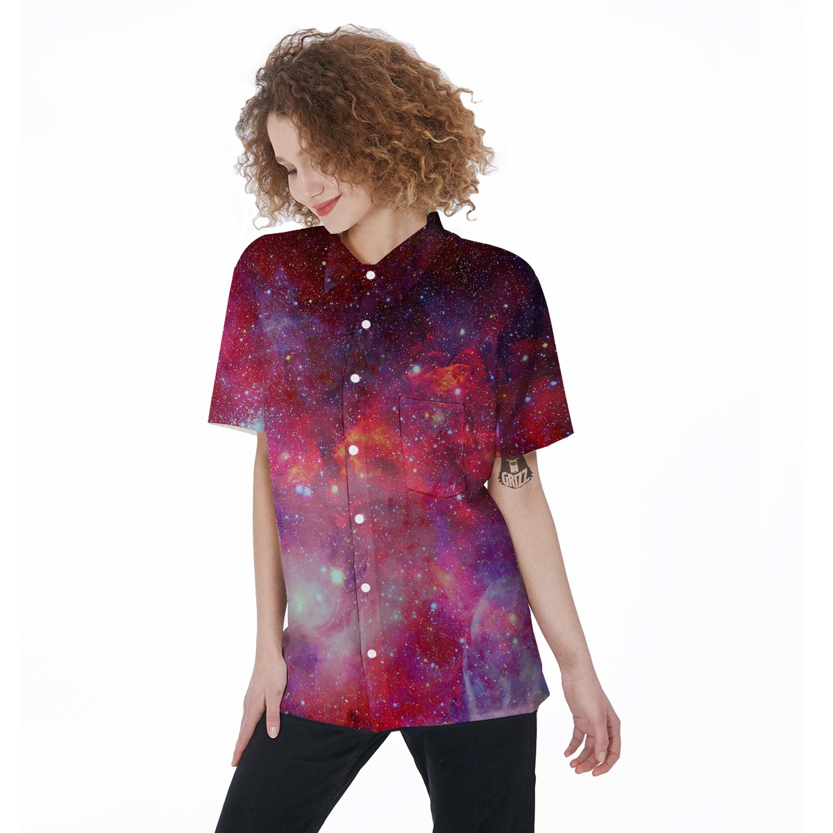 Nebula Red Galaxy Space Women's Short Sleeve Shirts-grizzshop