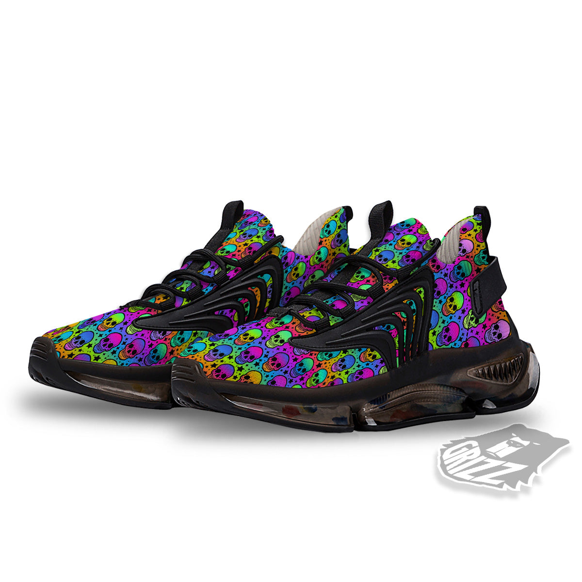 Neon Bright Human Skulls Print Pattern Black Gym Shoes-grizzshop